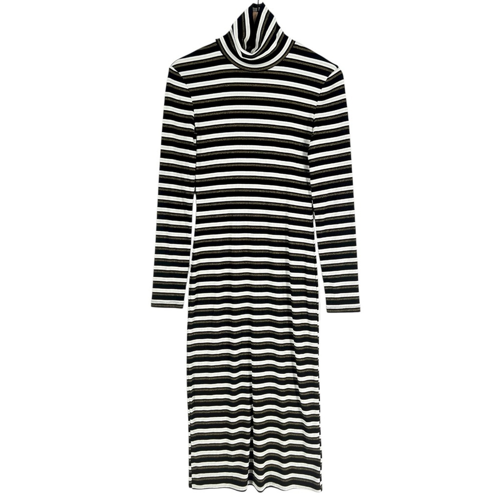 NSR‎ Metallic Striped Ribbed Turtleneck Midi Dress Long Sleeve Stretch Size S